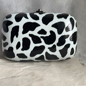 Wood  minaudiere clutch purse painted “animal” print black white